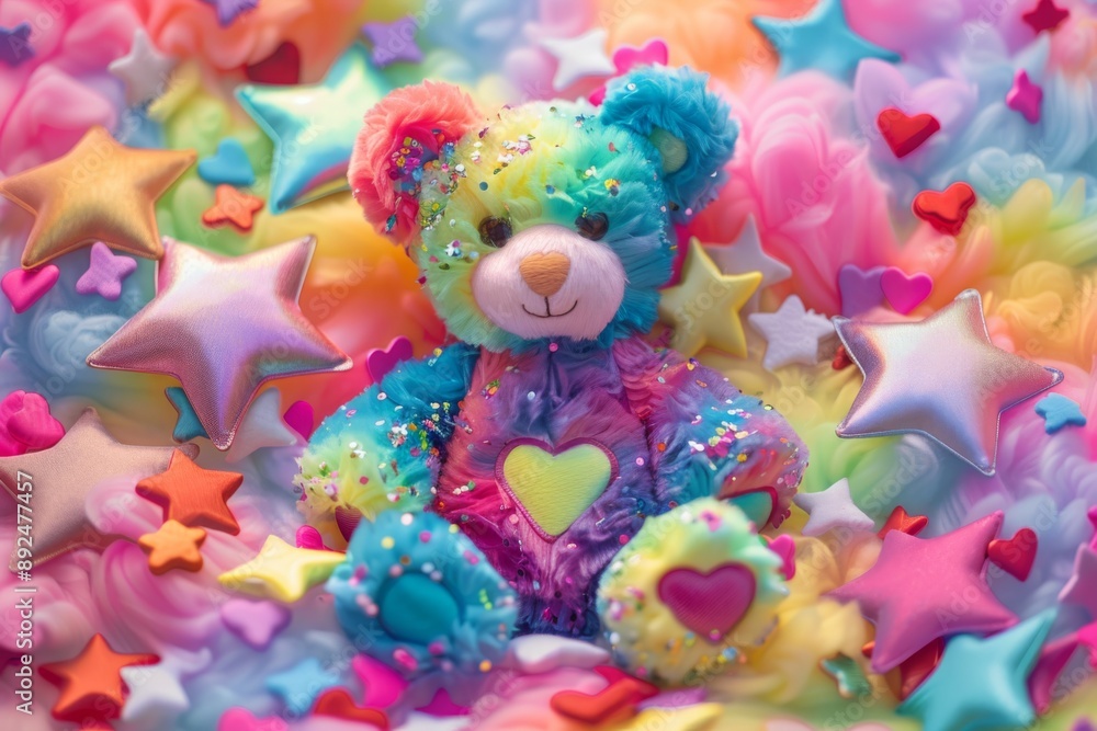 A colorful drawing of a teddy bear surrounded by stars and hearts. Hyper realistic. Shot with canon 5d Mark III --ar 3:2 --style raw Job ID: bc959a5e-e33f-4a95-a353-68e74e3b2edb A colorful drawing of a teddy bear surrounded by stars and hearts. Hyper realistic. Shot with canon 5d Mark III --ar 3:2 --style raw Job ID: bc959a5e-e33f-4a95-a353-68e74e3b2edb