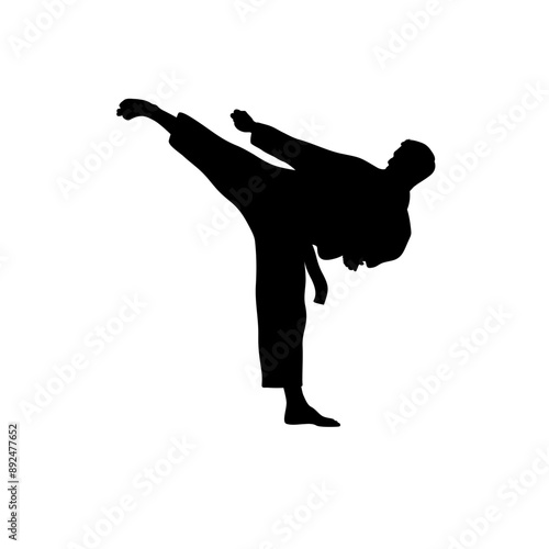 martial arts, silhouette of man kicking with right foot vector