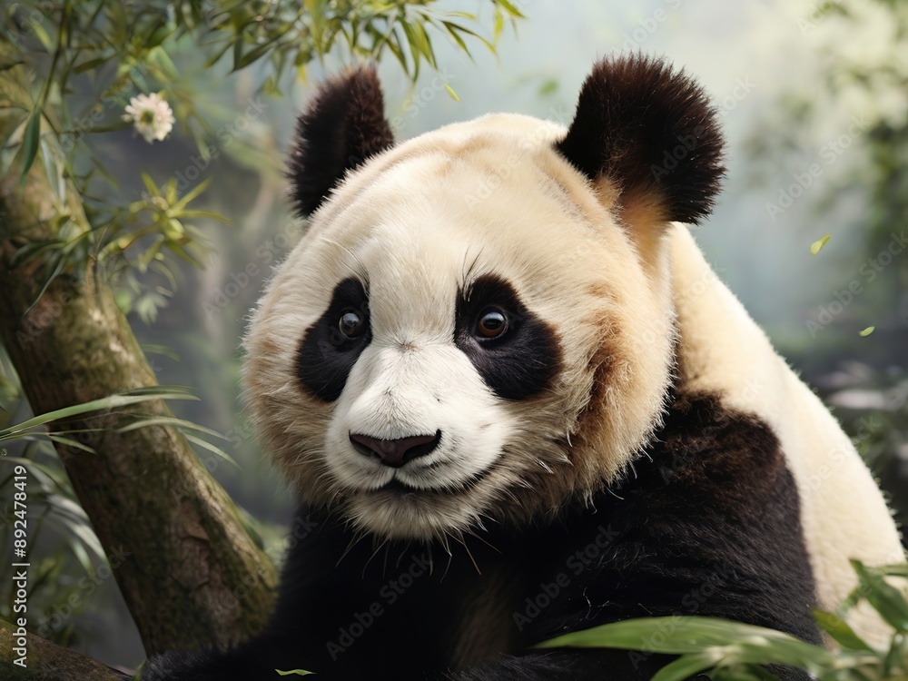 Fototapeta premium a large panda in a bamboo forest, close-up