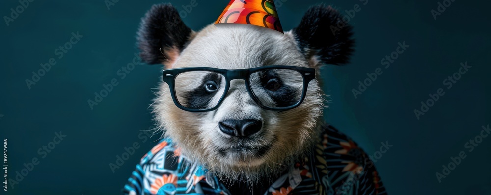 Fototapeta premium Cute Panda Wearing Birthday Hat and Stylish Glasses for a Fun Celebration, Adorable Animal Party Outfit