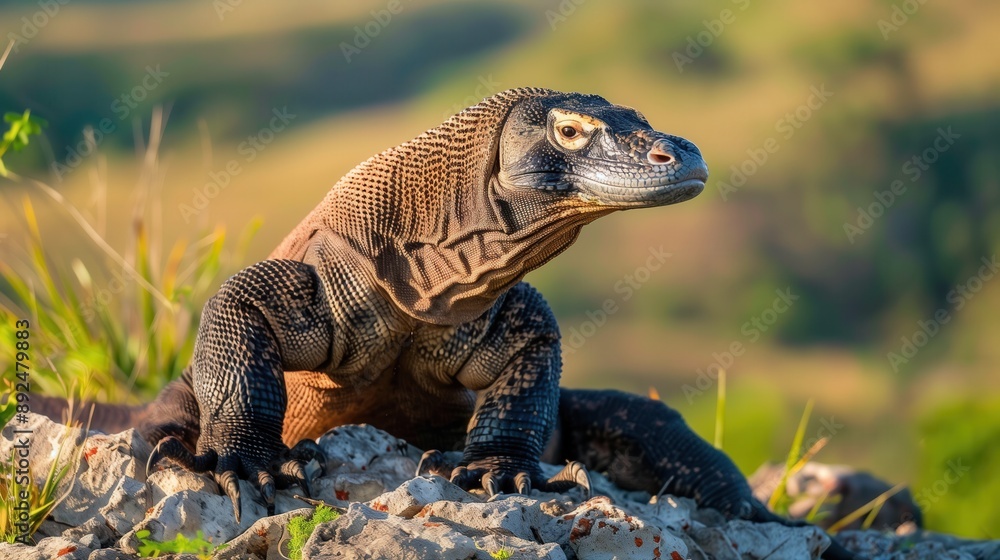 Obraz premium A Komodo Dragon standing on a rock with watchful status, overlooking its surroundings