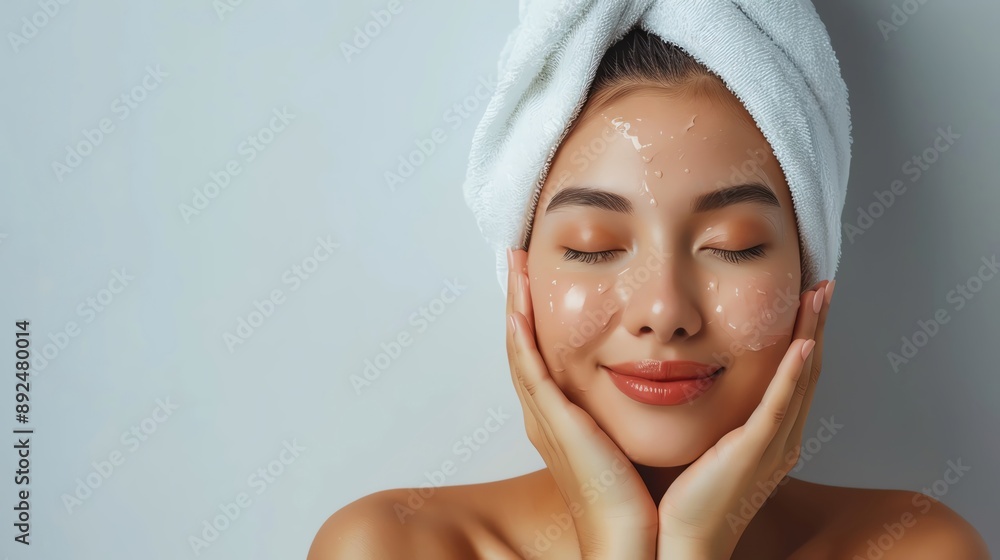 Beauty Thai woman with luminous skin, pampering her face, isolated on white background, designed for advertising Beauty Thai woman with luminous skin, pampering her face, isolated on white background, designed for advertising