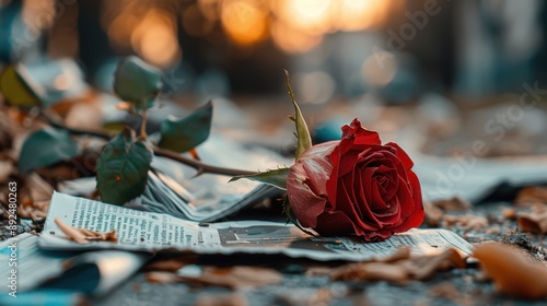 A single red rose rests atop a scattered pile of newspapers with leaves spread around, bathed in warm autumn light, creating a melancholic and reflective scene. photo