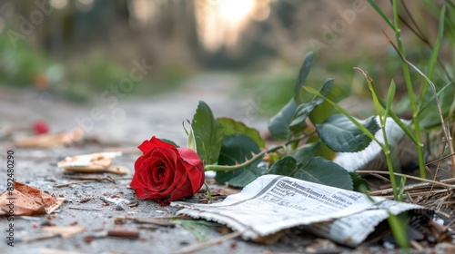 A vivid red rose placed on an abandoned newspaper lies on a rural pathway, surrounded by nature with soft morning light, evoking feelings of nostalgia and solitude. photo