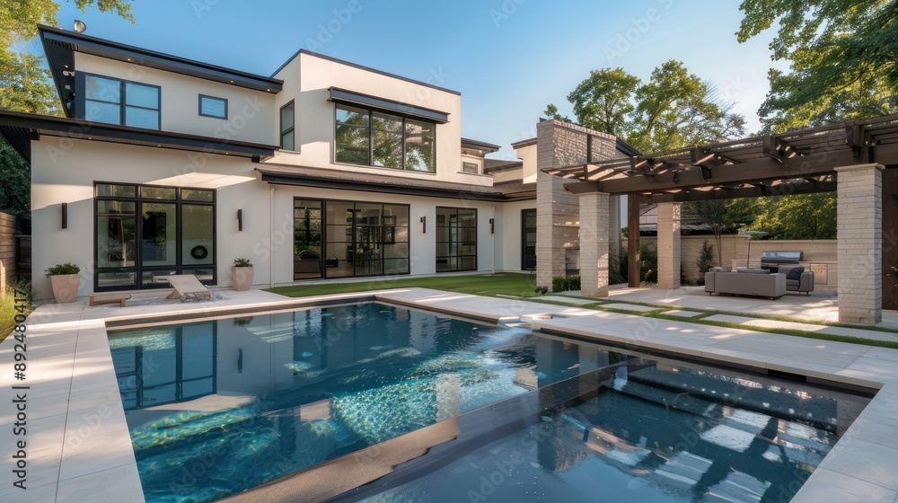 Fototapeta premium contemporary suburban home with sleek architectural lines, featuring a neutral color palette and a backyard oasis with a lap pool and a shaded pergola