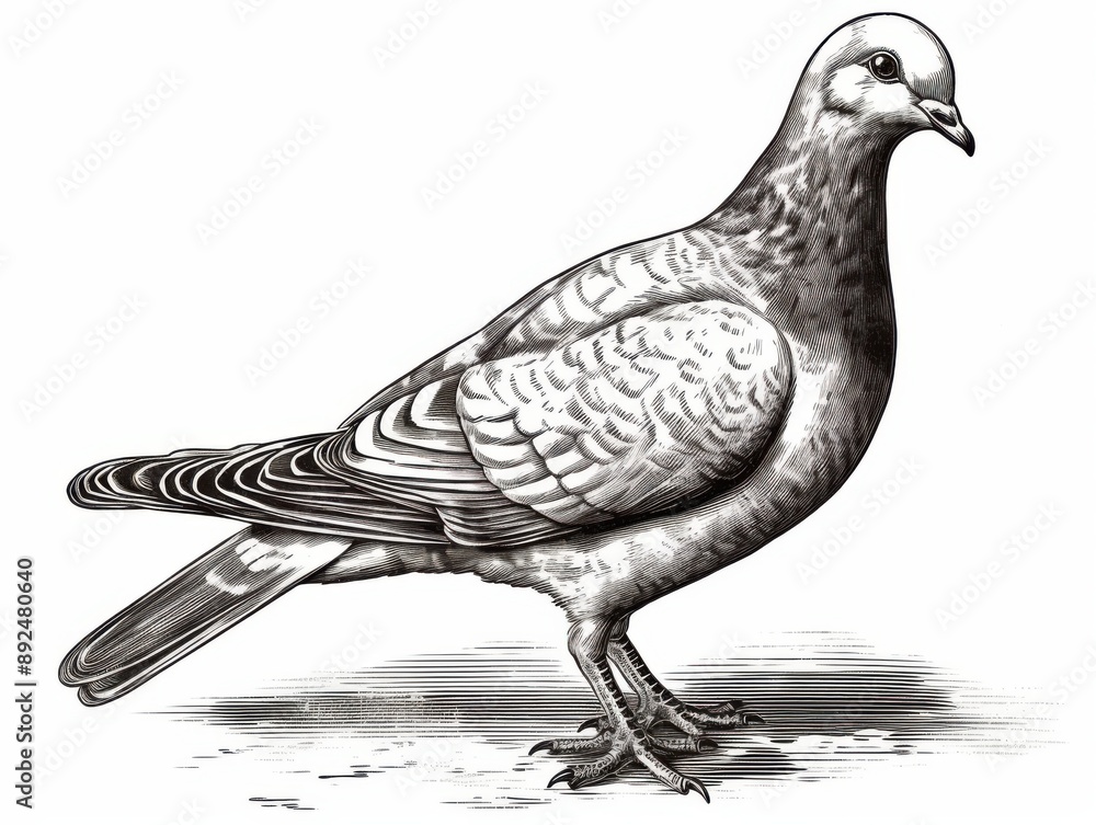 Fototapeta premium Black and white Vintage engraved art of a dove isolated on white background, ink sketch illustration, simple vector art design, highly detailed line art, high contrasty 