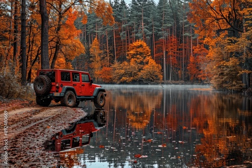 Red Jeep by Autumn Lake