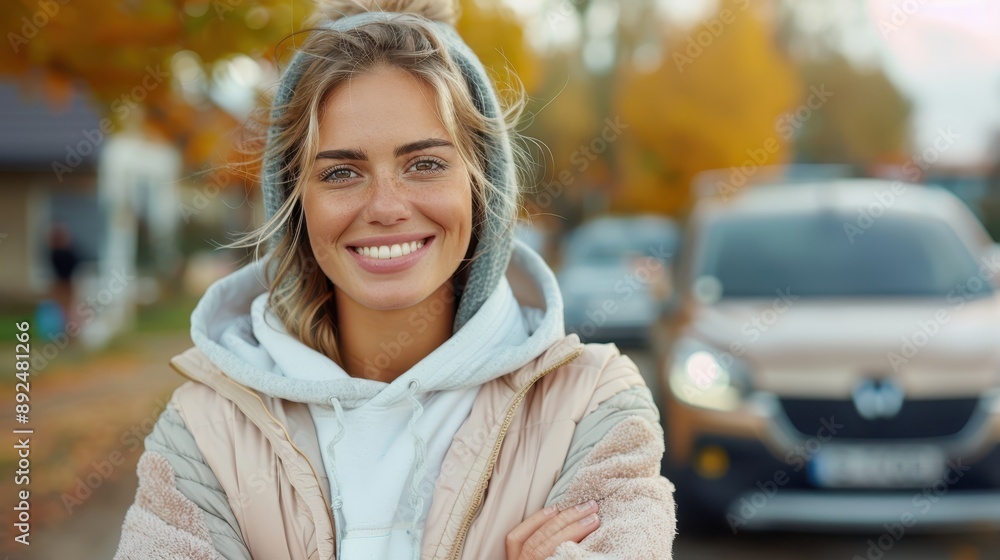 A young woman with blonde hair smiles while confidently standing outside in an autumn setting, wearing a warm hooded jacket and with cars seen in the background. A young woman with blonde hair smiles while confidently standing outside in an autumn setting, wearing a warm hooded jacket and with cars seen in the background.