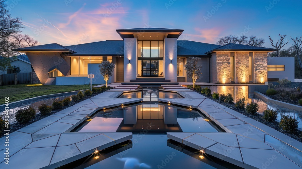 Fototapeta premium Suburban home front view showcasing a geometric design, hidden lighting, and a reflection pool leading to the front door
