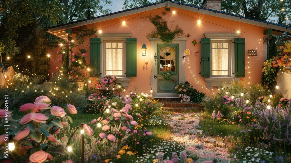 cozy suburban bungalow with peach-colored walls and green shutters, featuring a front yard with a whimsical flower garden and a pathway lined with fairy lights cozy suburban bungalow with peach-colored walls and green shutters, featuring a front yard with a whimsical flower garden and a pathway lined with fairy lights