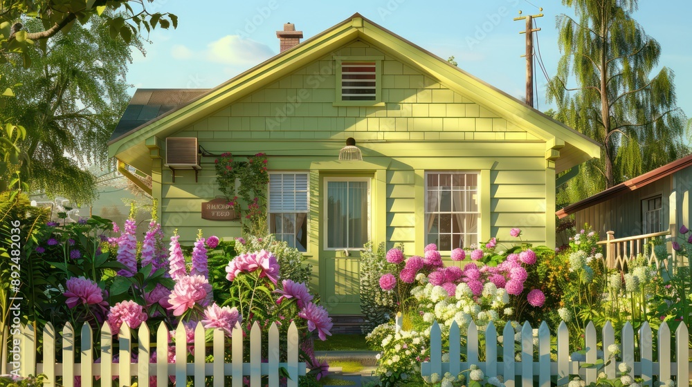 Fototapeta premium cozy suburban cottage with a sage-green facade, surrounded by a flower garden full of peonies and foxgloves, and a vintage white picket fence