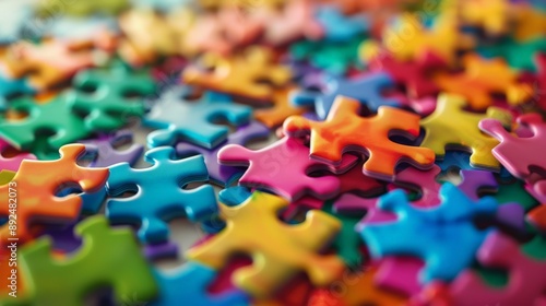 Close-up of colorful interlocking puzzle pieces. Concept of unity and teamwork.