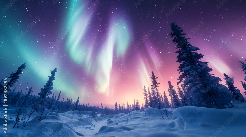 Northern Lights over a snow-covered forest, star-filled sky, Northern Lights over a snow-covered forest, star-filled sky,