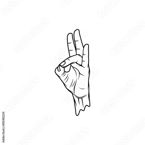 black and white prithvi mudra right hand geture vector line art