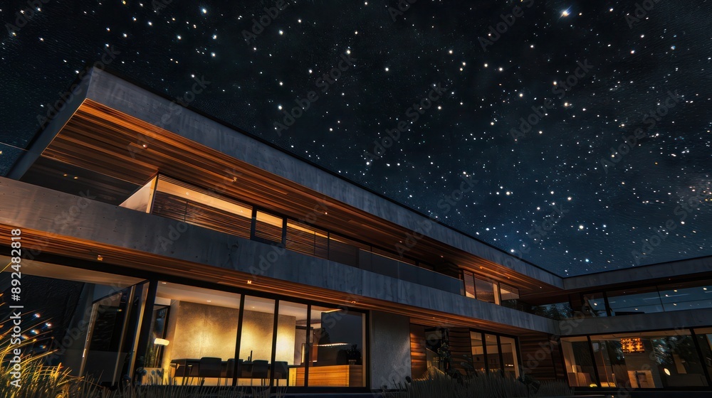Fototapeta premium Suburban home with a minimalist design, featuring a mix of wood and glass under a starlit sky Ensure room for text