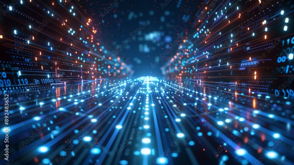 Naklejka premium Illustrating a cuttingedge digital realm with a luminous blue binary data flow, showcasing the tech landscape