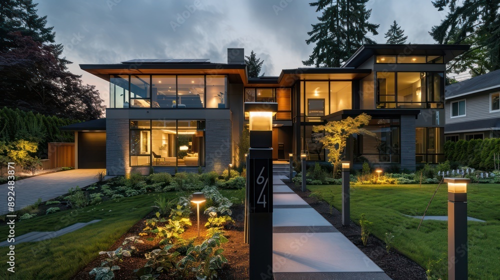 modern suburban home with an emphasis on glass architecture, featuring a front yard with minimalist, sustainable landscaping and solar pathway lights modern suburban home with an emphasis on glass architecture, featuring a front yard with minimalist, sustainable landscaping and solar pathway lights