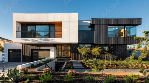 modern suburban home with a bold architectural design, featuring a facade of black and white panels and a landscaped yard with minimalist, drought-resistant plants