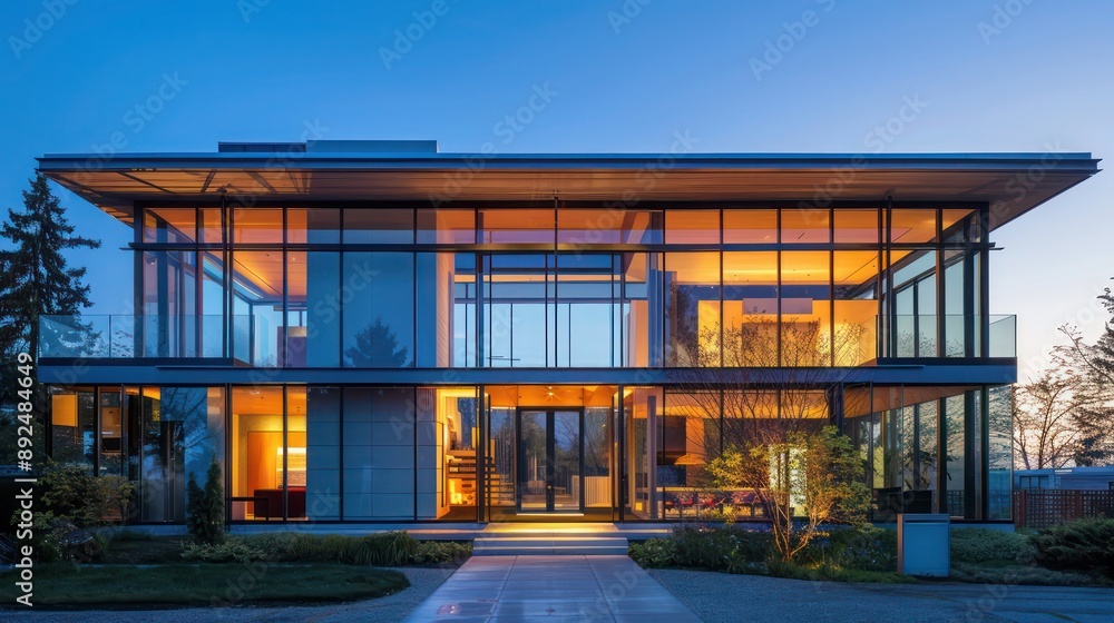 Suburban home with a minimalist, modern aesthetic, featuring a glass and metal facade and a discrete entryway Suburban home with a minimalist, modern aesthetic, featuring a glass and metal facade and a discrete entryway
