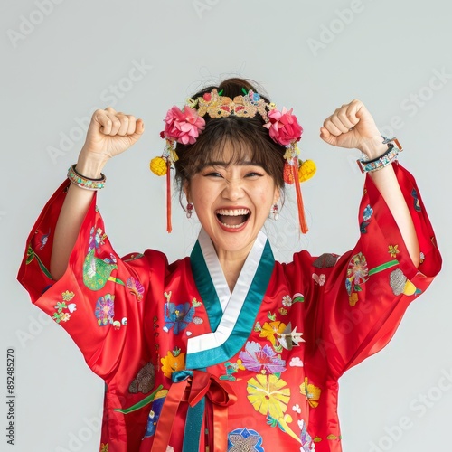 Portrait of Joyful Korean Woman. Embracing Heritage and Culture through Colorful Traditional Attire, Showcasing the Richness and Vibrancy of Korea National Costume photo