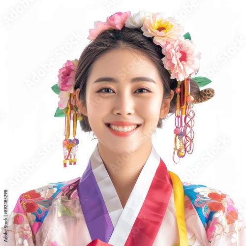 Portrait of Joyful Korean Woman. Embracing Heritage and Culture through Colorful Traditional Attire, Showcasing the Richness and Vibrancy of Korea National Costume photo