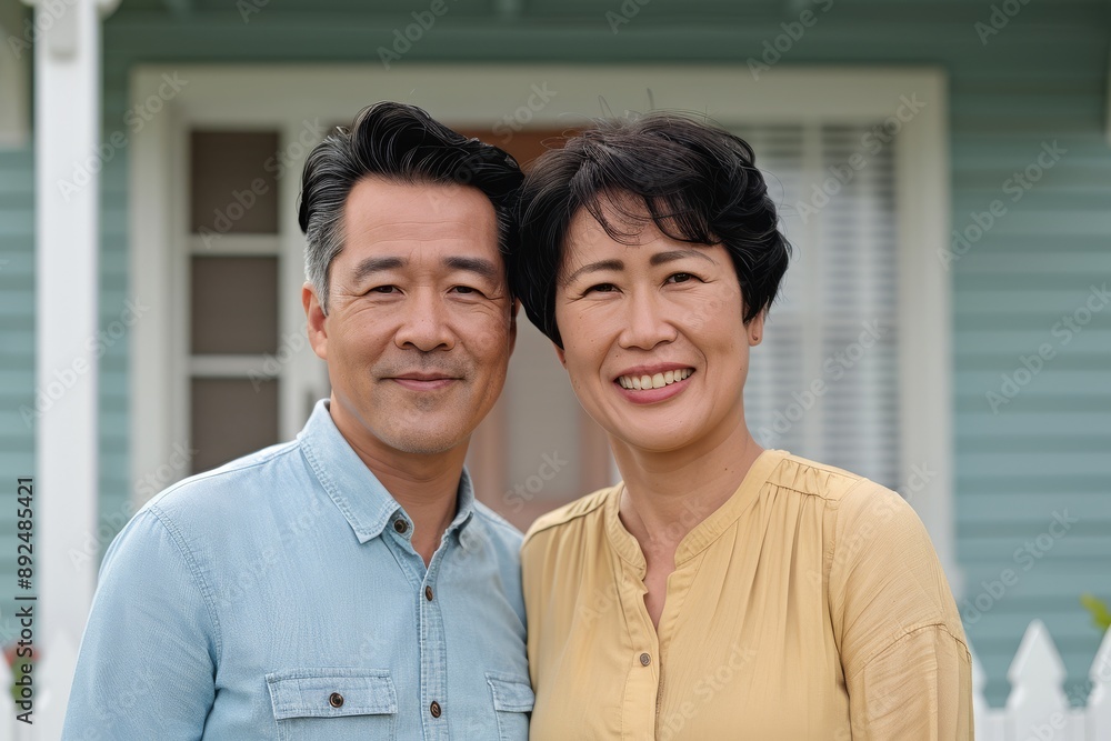 Asian couple cheerfully posing outside their new house, a charming home with a wooden facade and a picket fence, both dressed casually and looking joyful, mild sunny day Asian couple cheerfully posing outside their new house, a charming home with a wooden facade and a picket fence, both dressed casually and looking joyful, mild sunny day