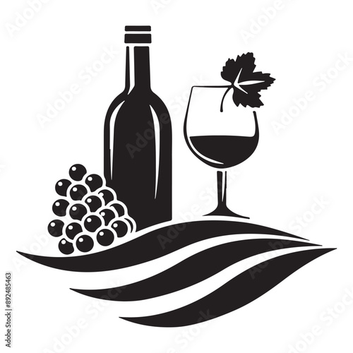Wine Bottle and Glass Wineyard and Bar Logo. Black and White restaurant or Wine Company Identity Symbol. Vector Simple Design Element.