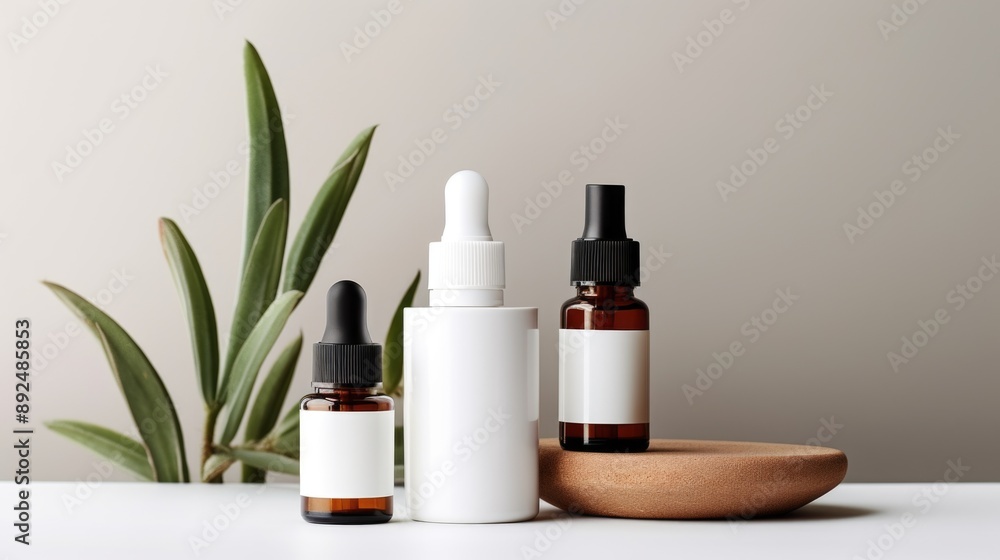 Clean Skincare Product Display with Lotion Bottle, Cream Jar, and Serum Dropper on White Background Clean Skincare Product Display with Lotion Bottle, Cream Jar, and Serum Dropper on White Background