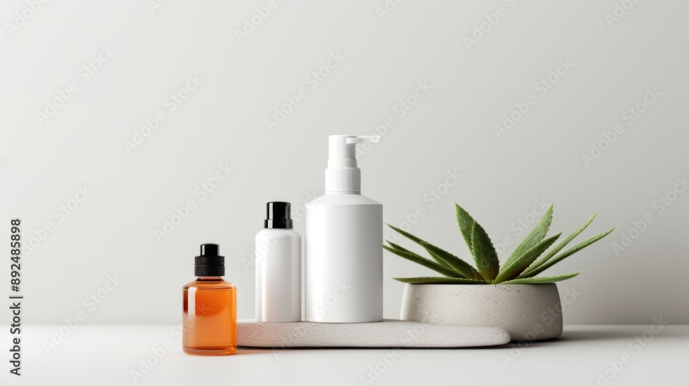 Minimalist Skincare Product Display with Lotion Bottle, Cream Jar, and Serum Dropper on White Background Minimalist Skincare Product Display with Lotion Bottle, Cream Jar, and Serum Dropper on White Background