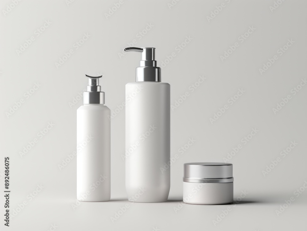 Minimalistic Skincare Product Mockup with Pump Bottle, Tube, and Dropper on White Background Minimalistic Skincare Product Mockup with Pump Bottle, Tube, and Dropper on White Background