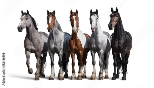 Horses in a line on a white background