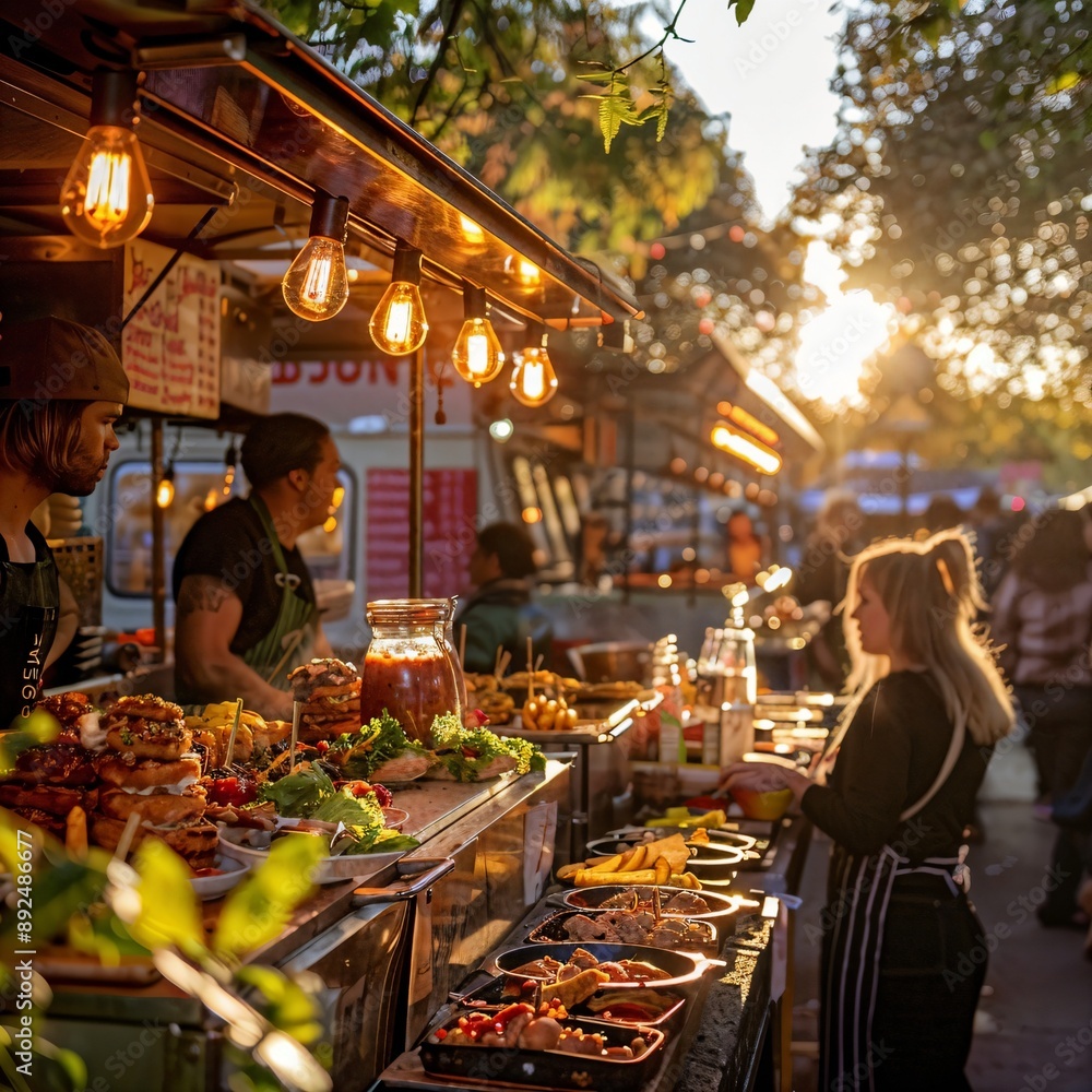 a group of people standing around a food stand a group of people standing around a food stand