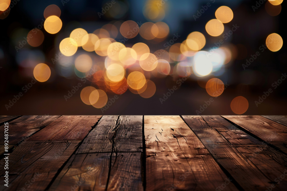 Generative AI image of an empty brown wooden wood board table with blurred abstract night light bokeh background, copy space for display of product or object presentation. Generative AI image of an empty brown wooden wood board table with blurred abstract night light bokeh background, copy space for display of product or object presentation.