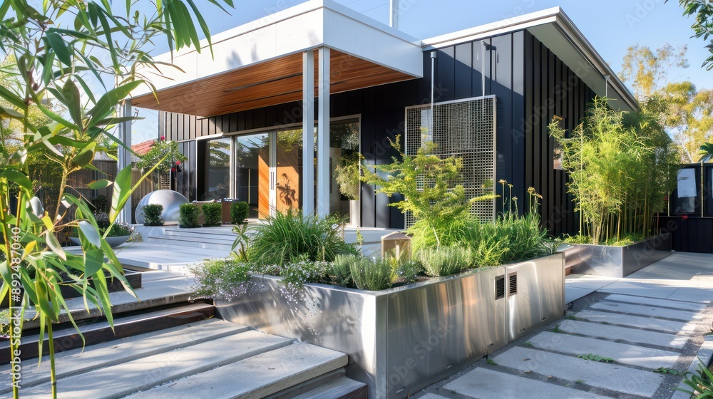 modern suburban house with a dramatic black exterior and contrasting white trim, featuring an urban-style garden with stainless steel planters and bamboo screens modern suburban house with a dramatic black exterior and contrasting white trim, featuring an urban-style garden with stainless steel planters and bamboo screens
