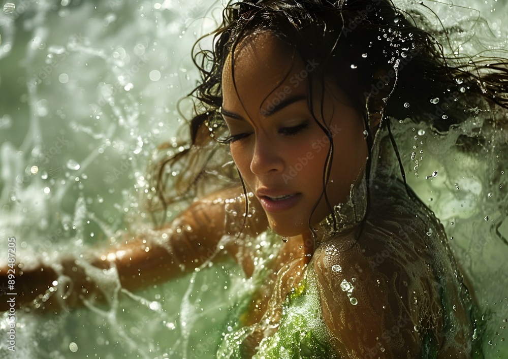 Woman wearing a green bikini enjoying the water. Woman wearing a green bikini enjoying the water.