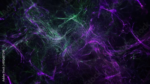 bstract plexus of neon violet and forest green threads, creating a mysterious aura on a dark background, ideal for text