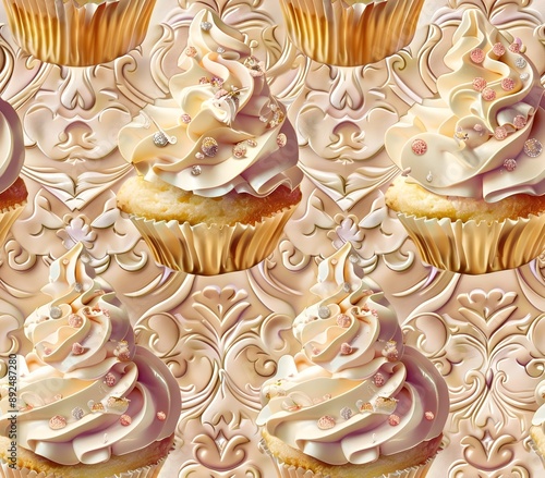 Enchanting Cupcakes Seamless Pattern with Digital Painting Technique photo