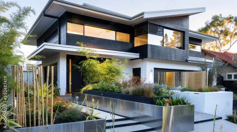 modern suburban house with a dramatic black exterior and contrasting white trim, featuring an urban-style garden with stainless steel planters and bamboo screens modern suburban house with a dramatic black exterior and contrasting white trim, featuring an urban-style garden with stainless steel planters and bamboo screens