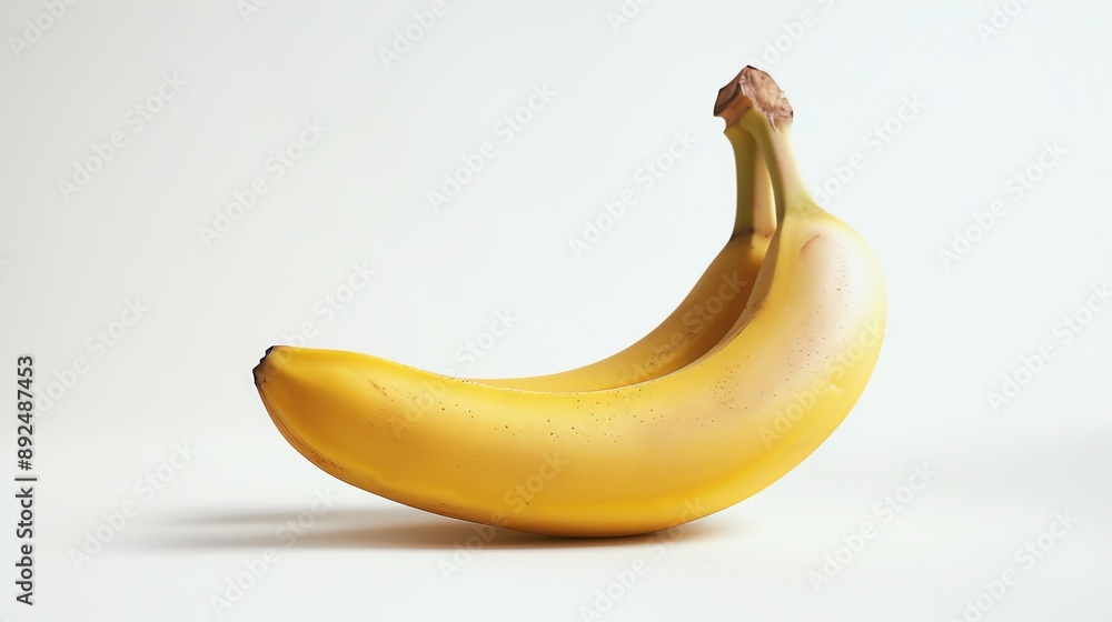 Two ripe yellow bananas isolated on a white background. The bananas are slightly curved and have brown spots. Two ripe yellow bananas isolated on a white background. The bananas are slightly curved and have brown spots.