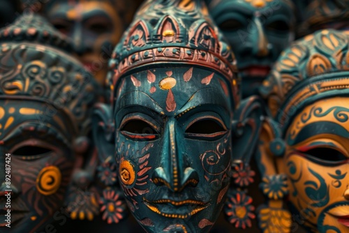 Intricately carved wooden masks adorned with bold holiday names, perfect for festive decorations. Each mask showcases exceptional craftsmanship and vibrant colors.