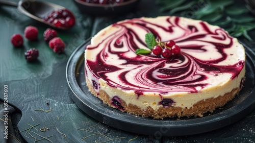 artistic berry swirl cheesecake on a dark emerald background, perfect for elegant text