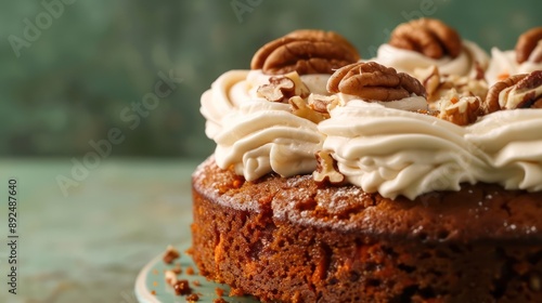 earthy carrot and walnut cake topped with cream cheese frosting, isolated on a soft sage green background