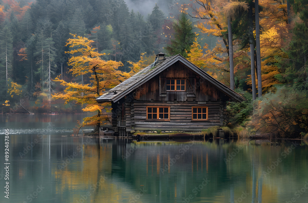 Fototapeta premium Autumn Cabin by the Lake