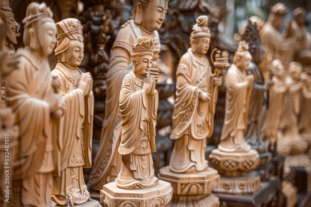 Fototapeta premium A collection of exquisitely carved wooden statues, each with the name of a holiday engraved at its base, showcased in a beautiful arrangement. The level of detail and craftsmanship is stunning.