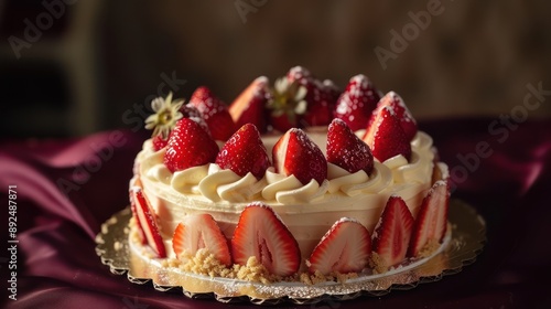 elegant champagne and strawberries cake, luxurious and festive, set against a deep burgundy backdrop