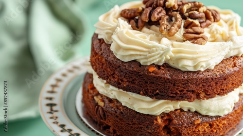 earthy carrot and walnut cake topped with cream cheese frosting, isolated on a soft sage green background