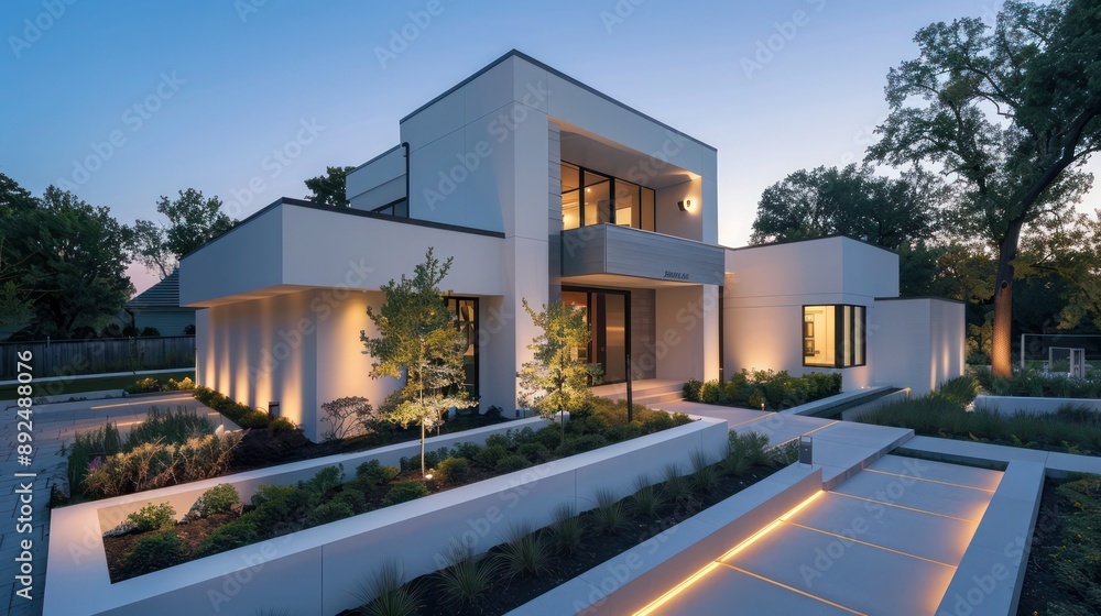 Fototapeta premium Suburban home with a sleek, white facade, minimalist landscaping, and an integrated outdoor lighting system