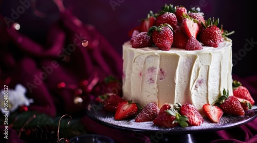 elegant champagne and strawberries cake, luxurious and festive, set against a deep burgundy backdrop