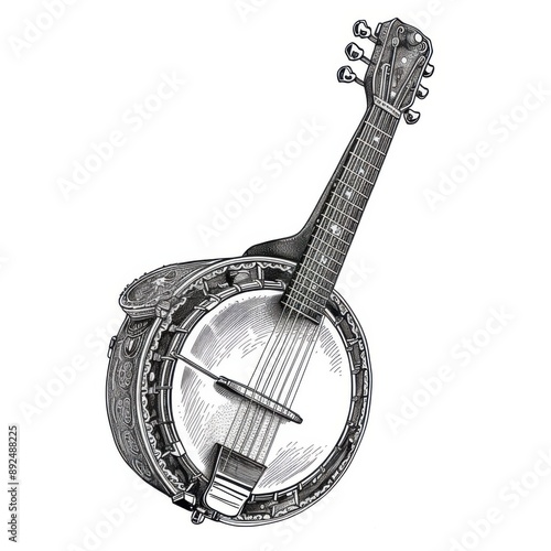 Black and white Vintage engraved art of a banjo isolated on white background, ink sketch illustration, simple vector art design, highly detailed line art, high contrasty photo