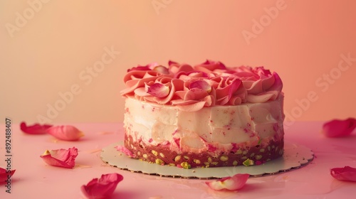 elegant rose petal and pistachio cake, set against a soft coral background, perfect for a sophisticated event